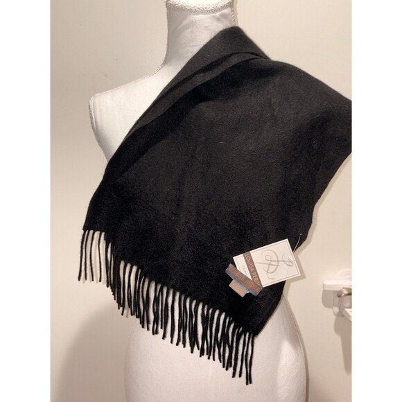 Louisa Perini 100% Cashmere scarf with classic fringe unisex solid black - Picture 2 of 5